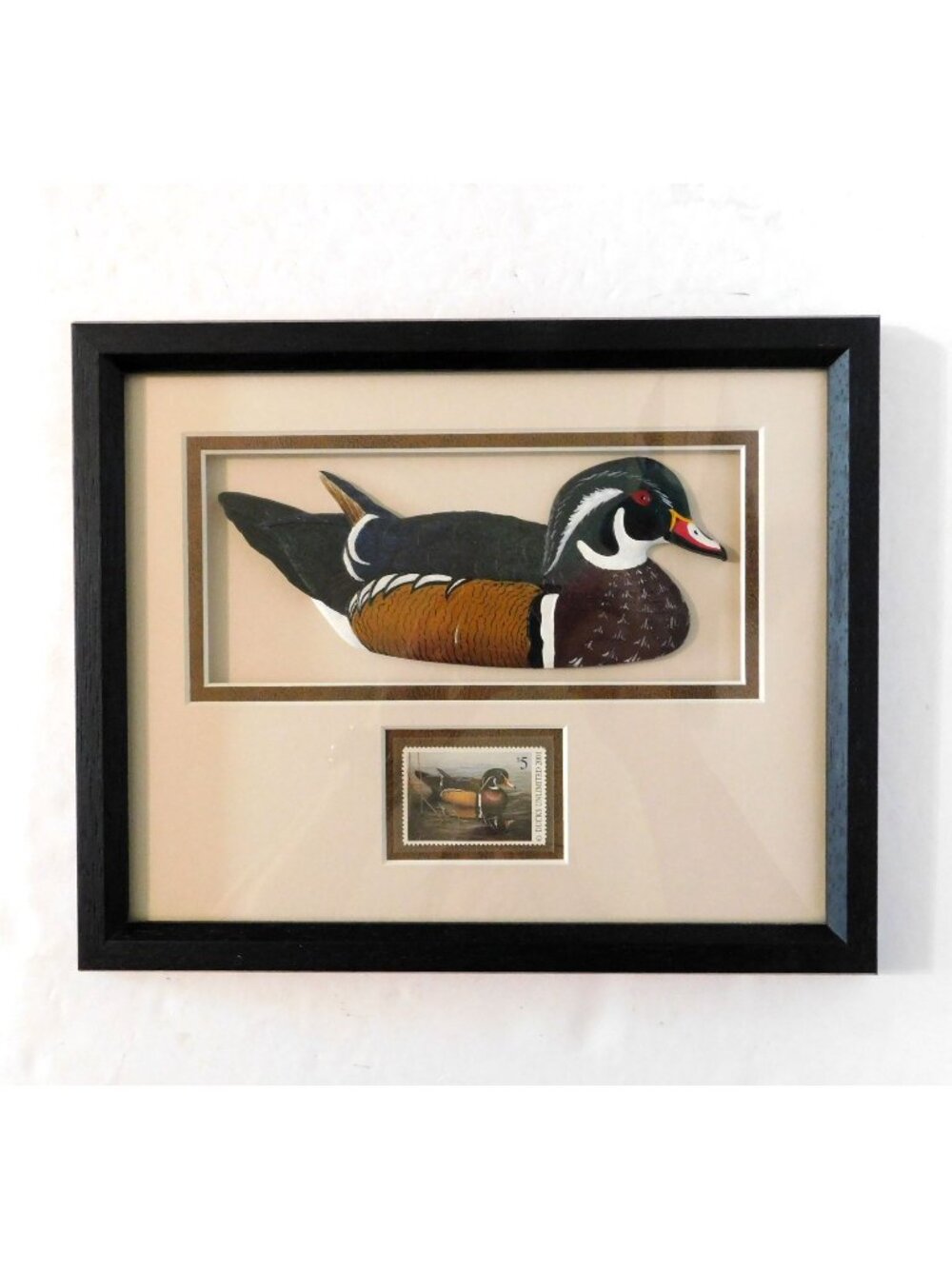 Ducks Unlimited Carved Wood Duck Art $5 Stamp Black Framed 9.5"x7.5"